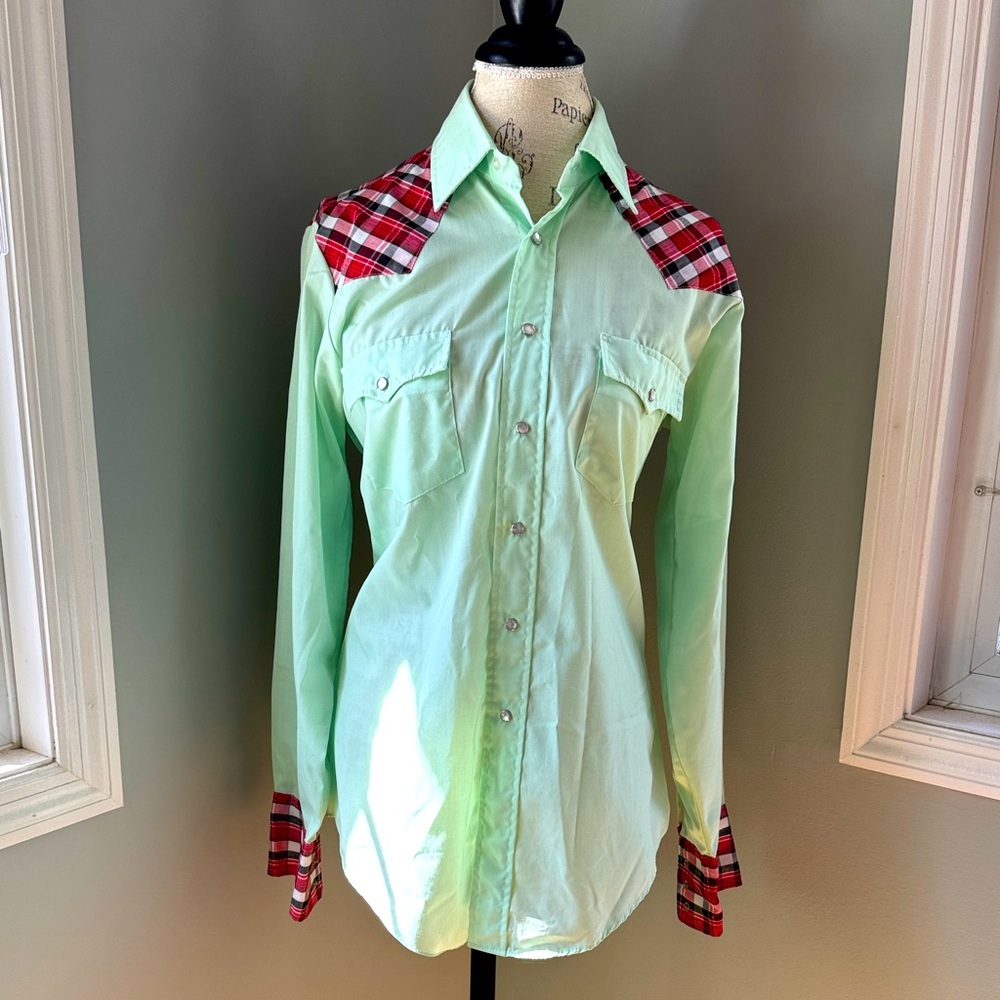 Vintage Double S mint green red plaid pearl snap shirt size 34